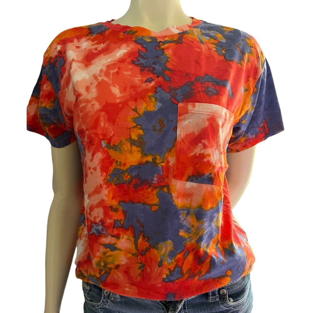 Ambiance | Women’s Shirt Blue - Red -  Orange Tie Dye Chest Pocket Basic Shirt - Picture 4 of 16